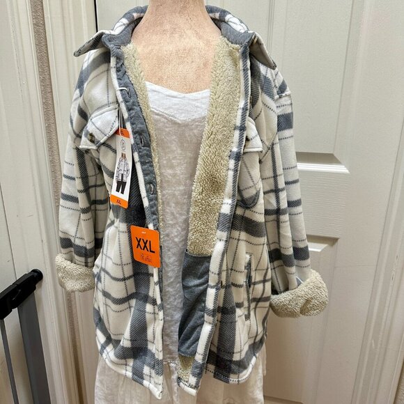 Sage Sherpa Lined Fleece Women's Jacket Size XXL Gray Plaid Lightweight Boho NEW - Picture 2 of 14